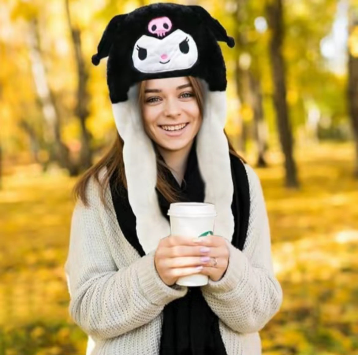 Kuromi fluffy light up hat, ear moving comfortable hat